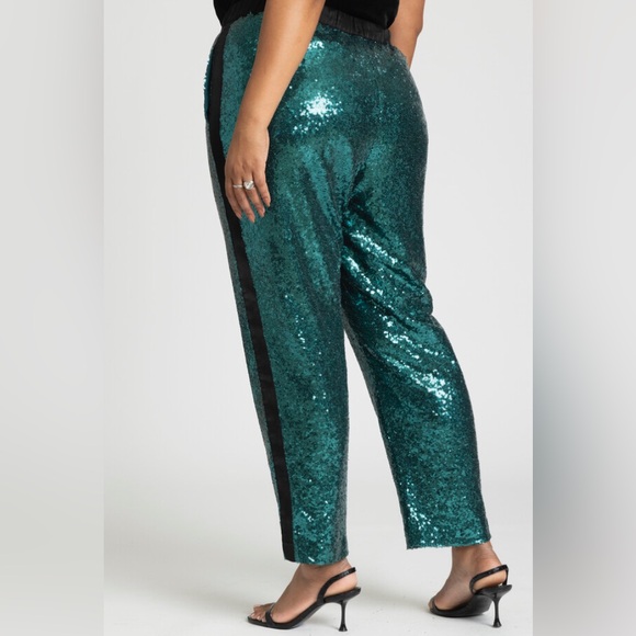 Eloquii High Rise Tapered Sequin Pants Verdant Green Cocktail Party - Picture 2 of 4